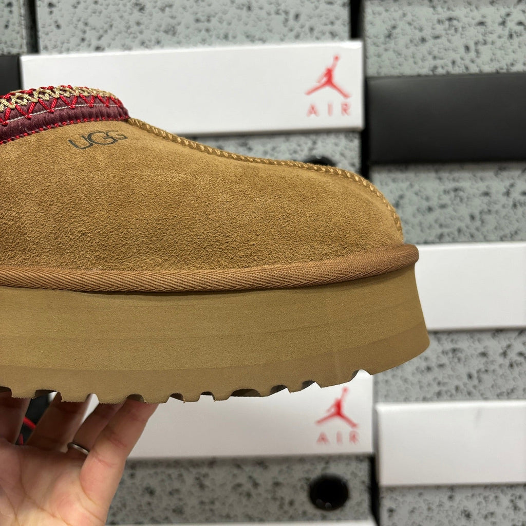UGG Tazz Platform Slipper – Women’s Suede Clog with Red & Gold Braided Collar in Chestnut