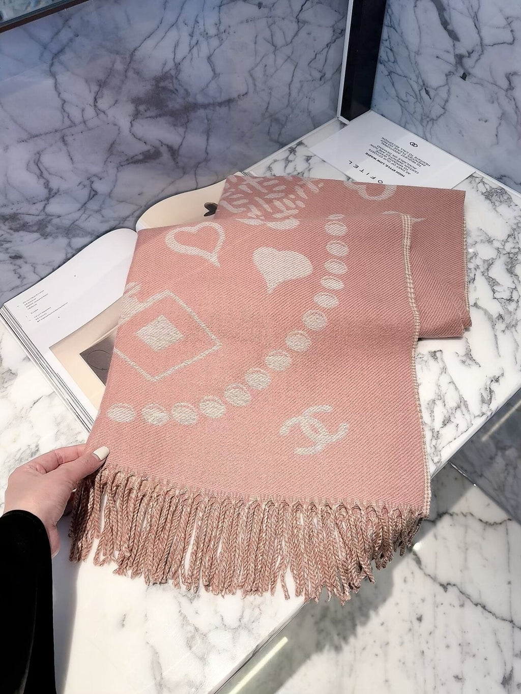 Chanel Style Jewelry Motif Fringe Scarf