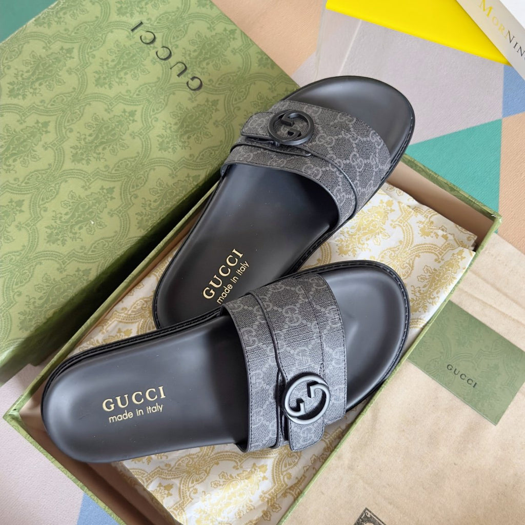 Gucci Gray Monogram Slide Sandals