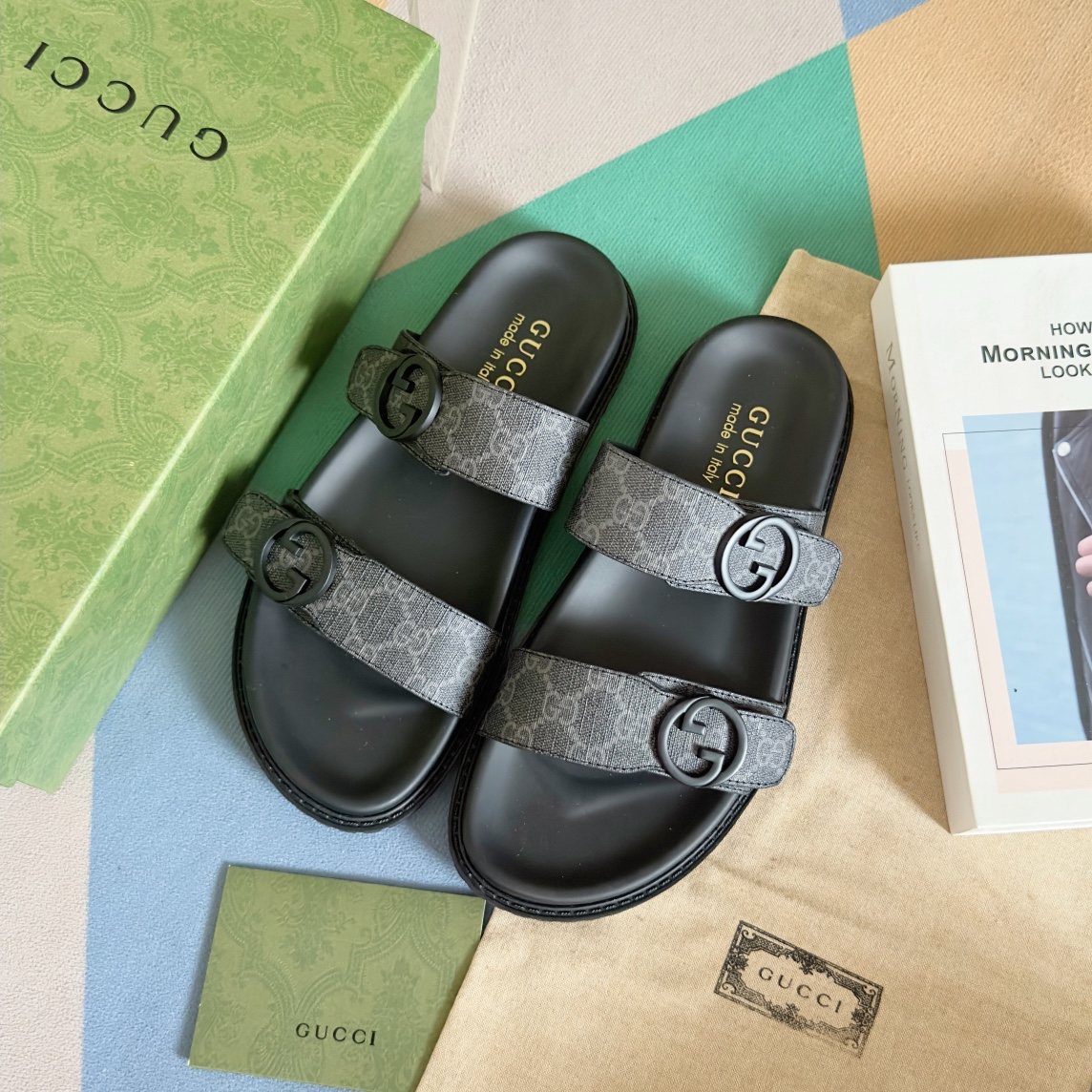 Gucci Gray Monogram Slide Sandals