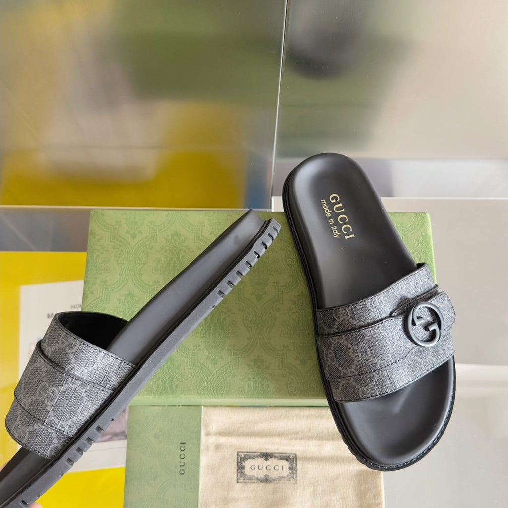 Gucci Gray Monogram Slide Sandals